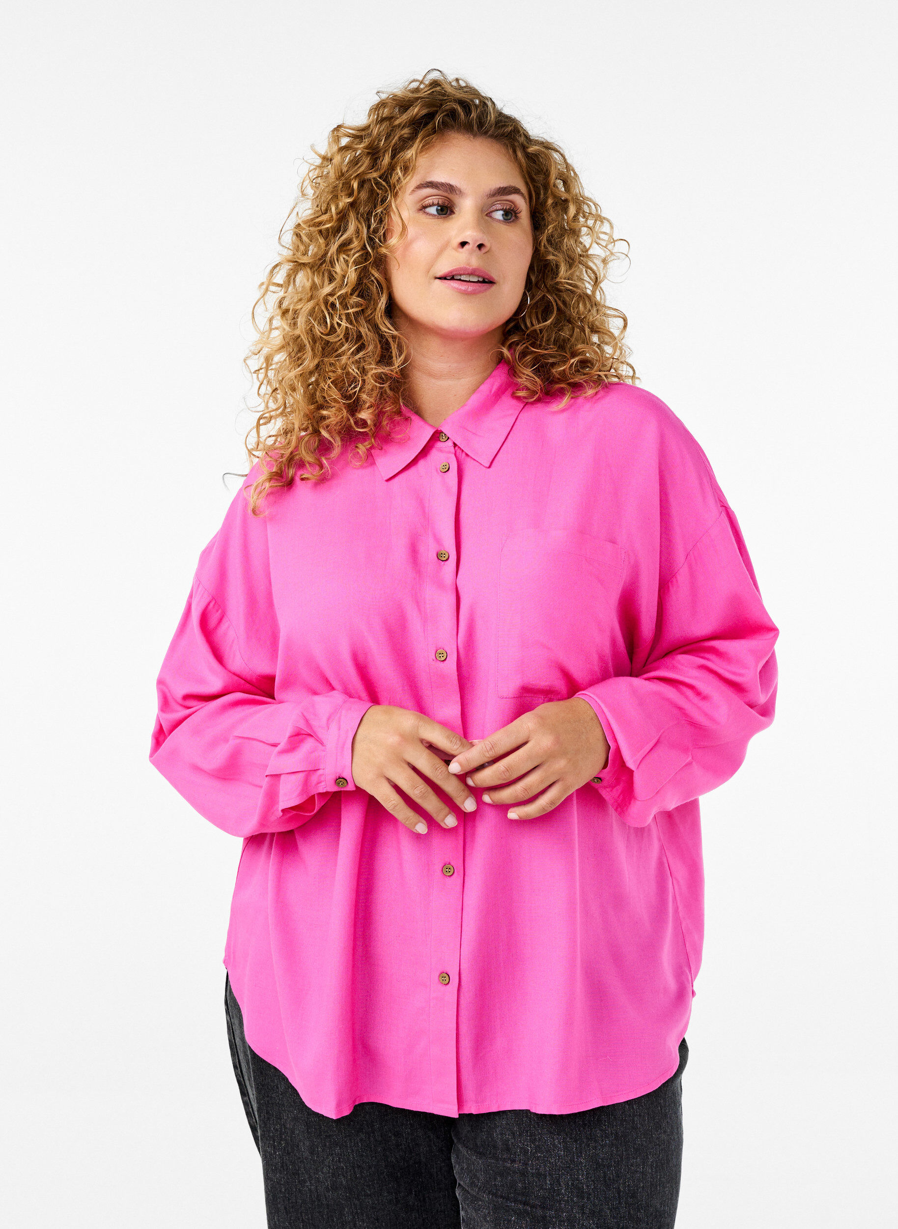 Linnen en viscose shirt met lange mouwen, Roze, Model