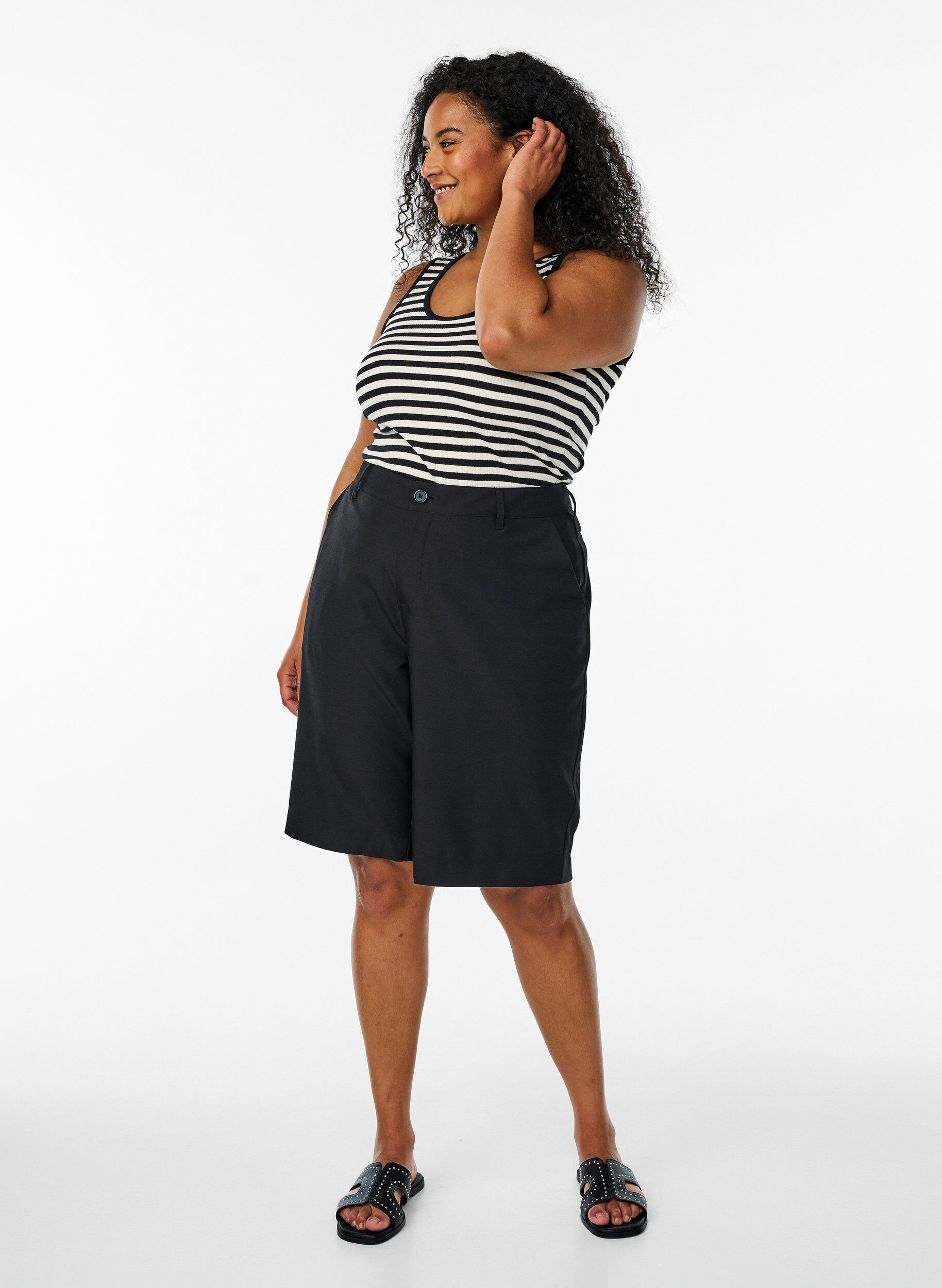 Zizzi Gestreepte tanktop met een ribstructuur, Zwart, Model image number 1