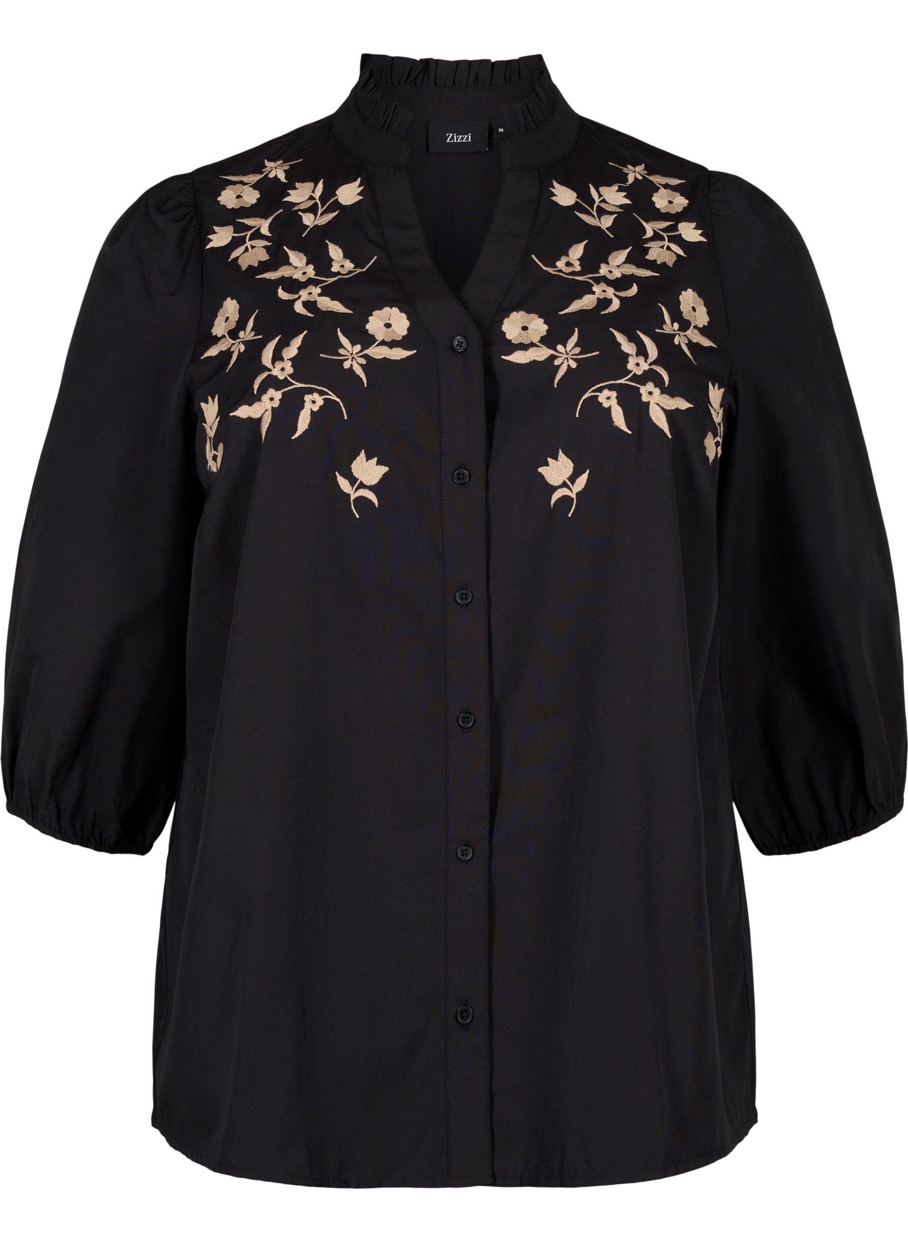 Zizzi Overhemdblouse met geborduurde bloemen en 3/4 mouwen, Black W. Beige Emb. , Packshot image number 0