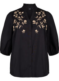 Overhemdblouse met geborduurde bloemen en 3/4 mouwen, Black W. Beige Emb. 