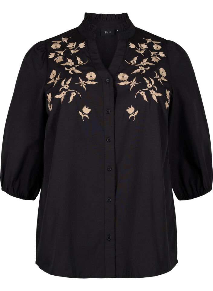 Overhemdblouse met geborduurde bloemen en 3/4 mouwen, Black W. Beige Emb. , Packshot image number 0