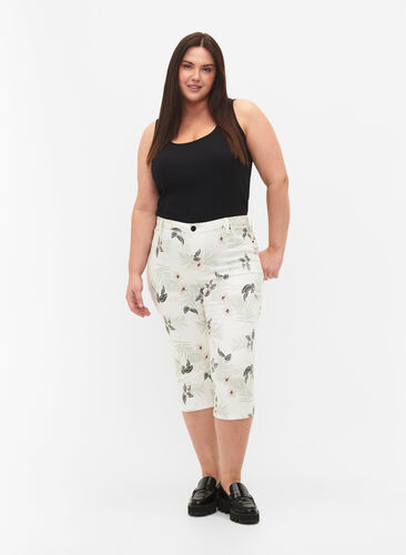 Capri jeans met bloemenprint en hoge taille, White Flower AOP, Model image number 0