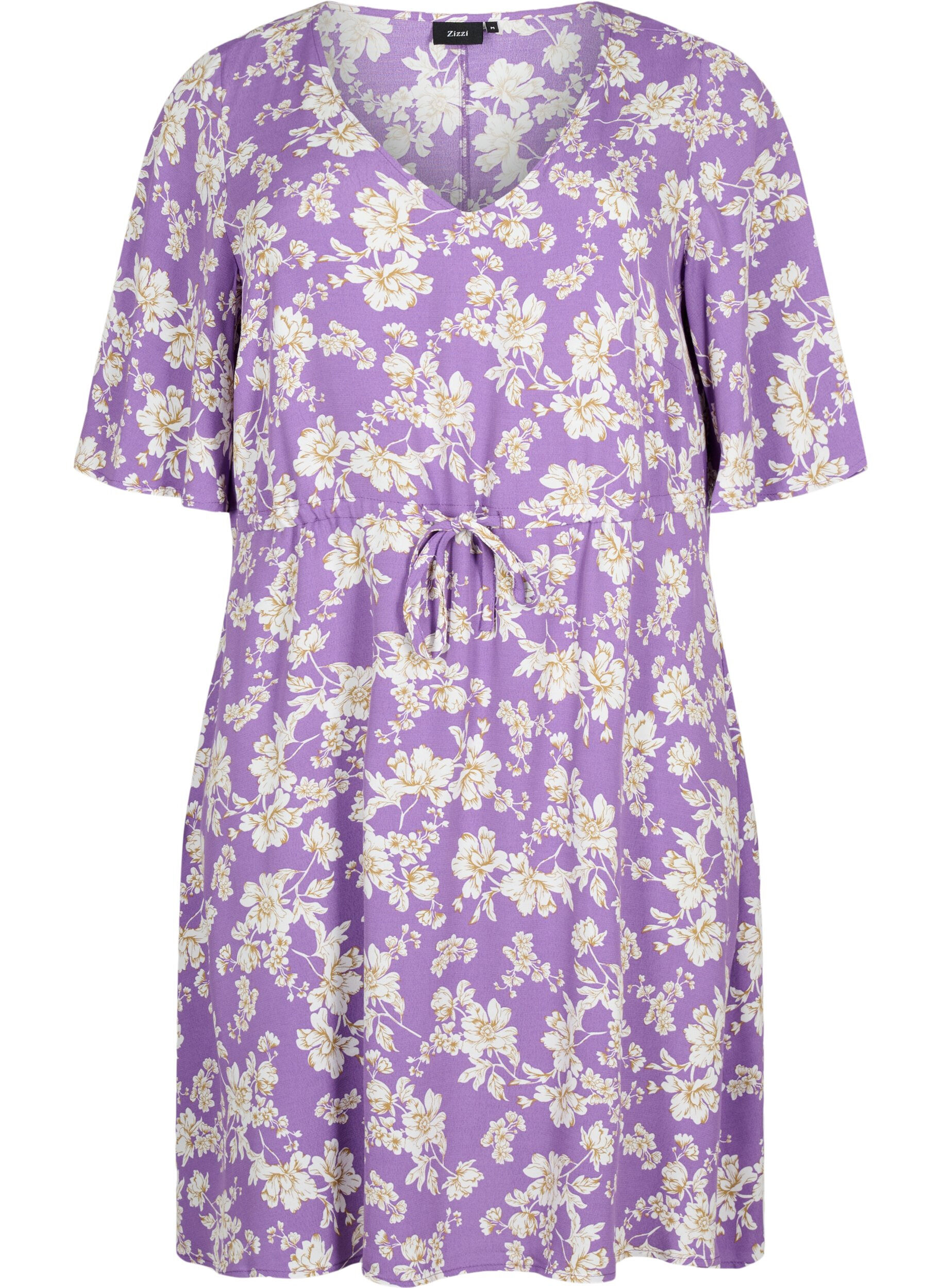Zizzi Jurk met 1/2 mouw met bloemenprint in viscose, Purple Flower AOP, Packshot image number 0