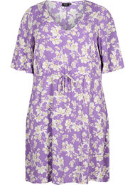 Jurk met 1/2 mouw met bloemenprint in viscose, Purple Flower AOP