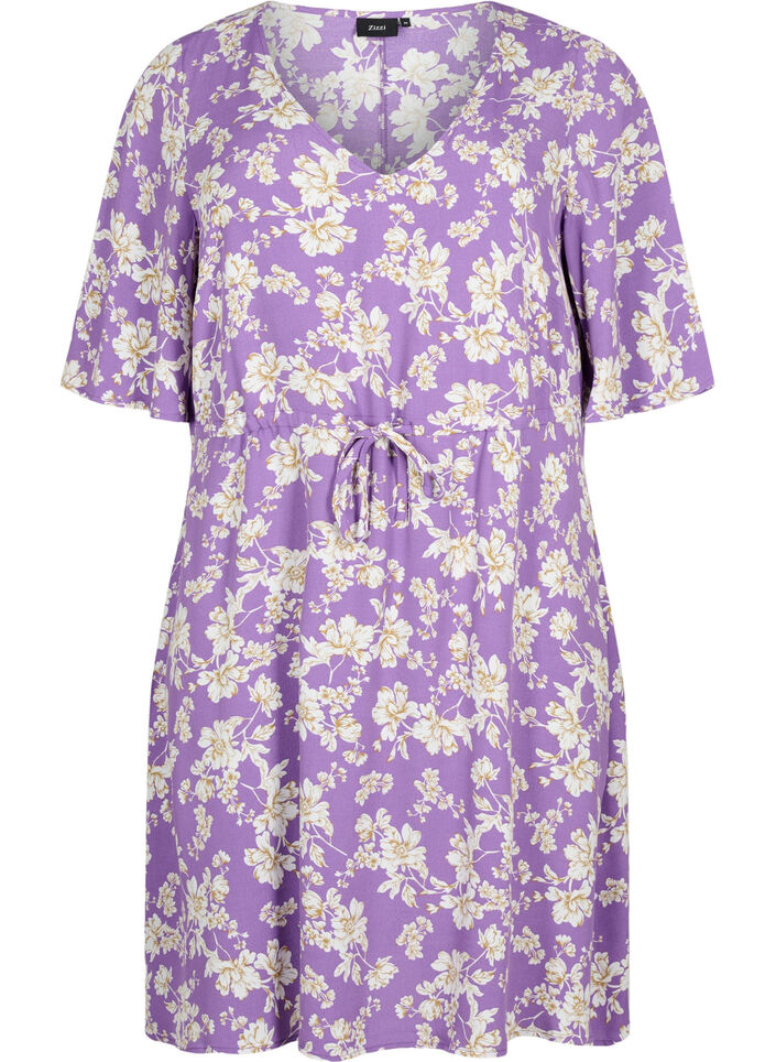 Jurk met 1/2 mouw met bloemenprint in viscose, Purple Flower AOP, Packshot image number 0