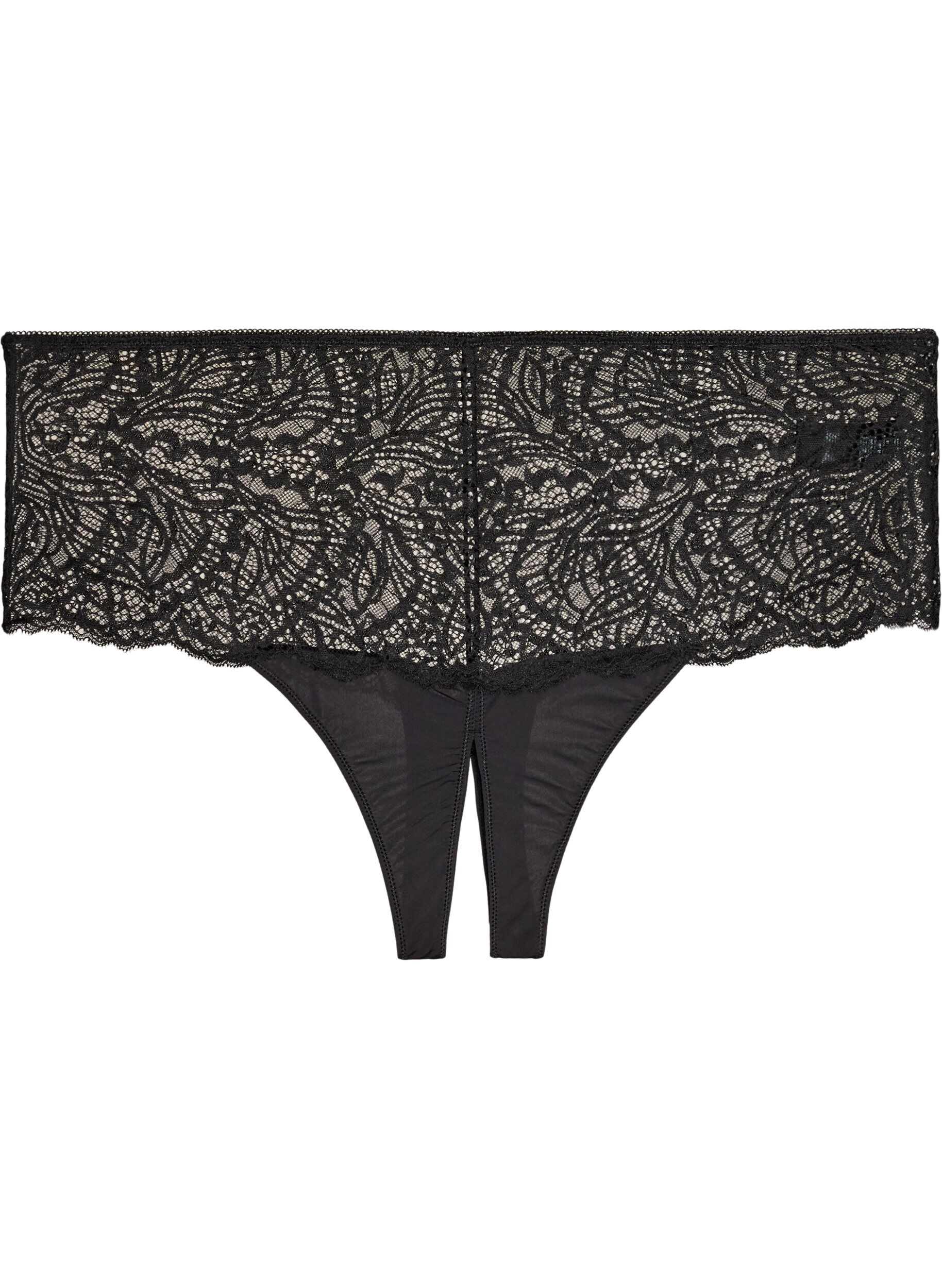 ZizziHipster string zonder kruis met kant en hoge taille, Zwart, Packshot image number 0
