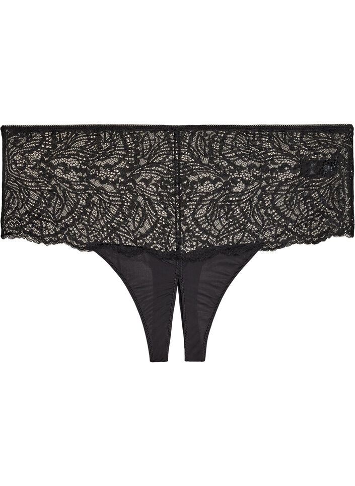 Hipster string zonder kruis met kant en hoge taille, Zwart, Packshot image number 0