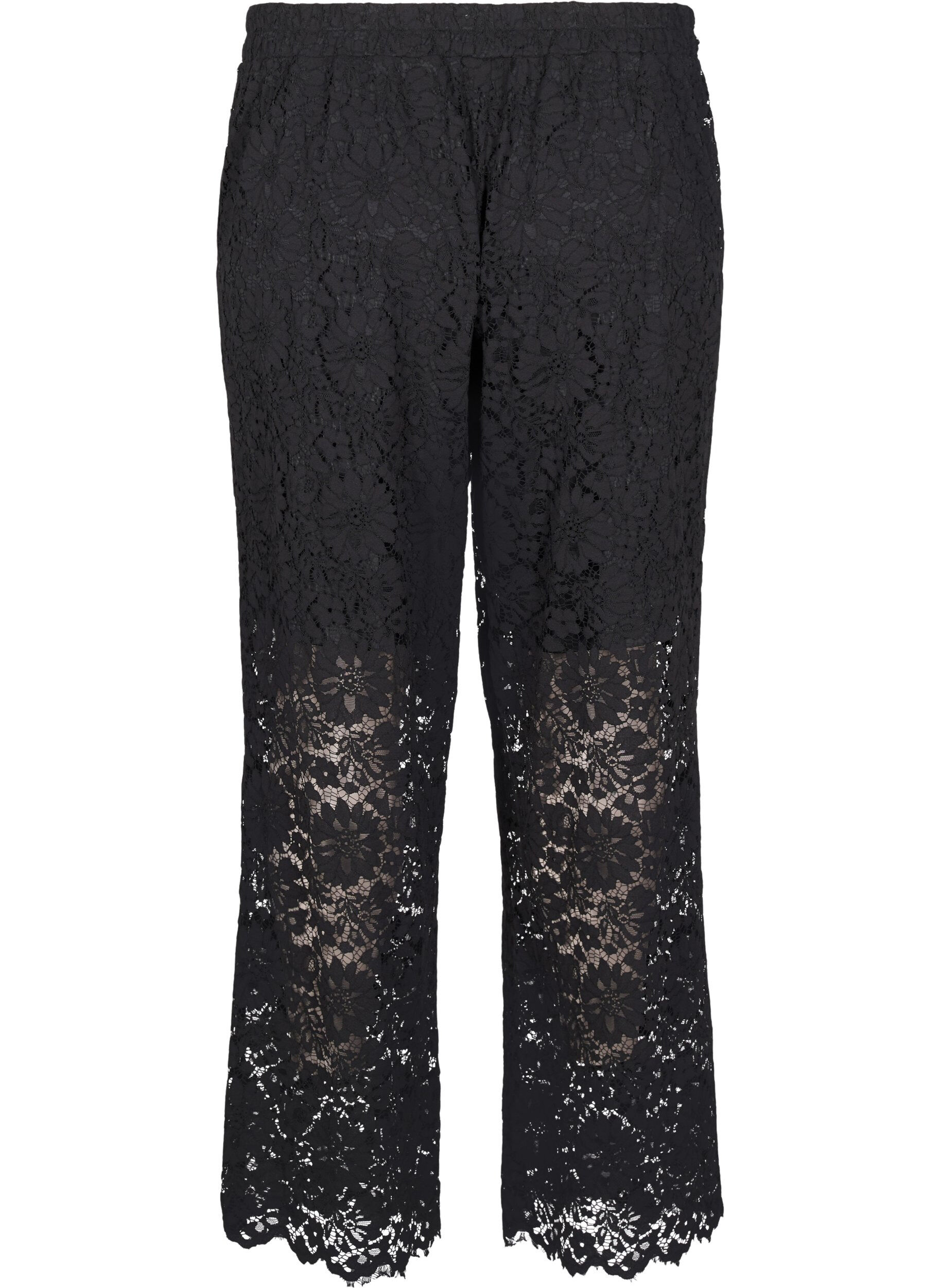 Zizzi Kanten broek met hoge taille en zakken, Zwart, Packshot image number 1