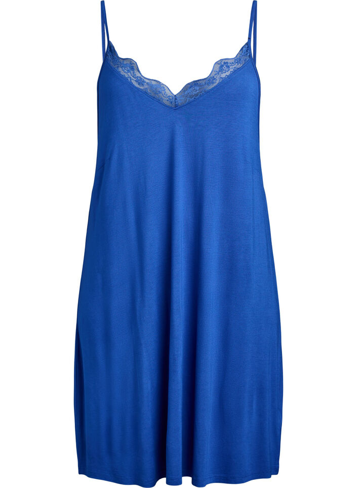 Nachtjapon van viscose met kanten randje, Blauw, Packshot image number 0