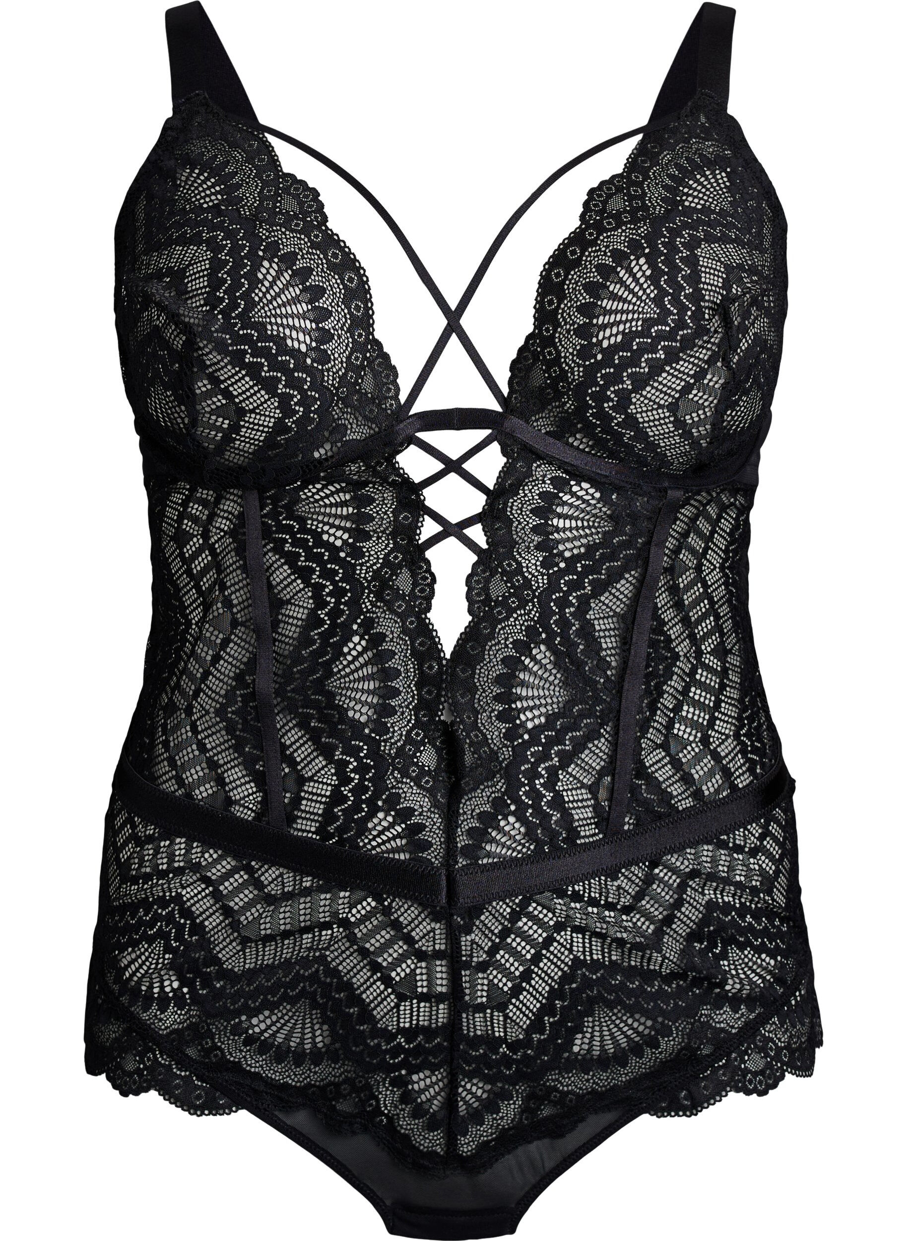 Zizzi Kantbody met vetersluitingdetails, Zwart, Packshot image number 0