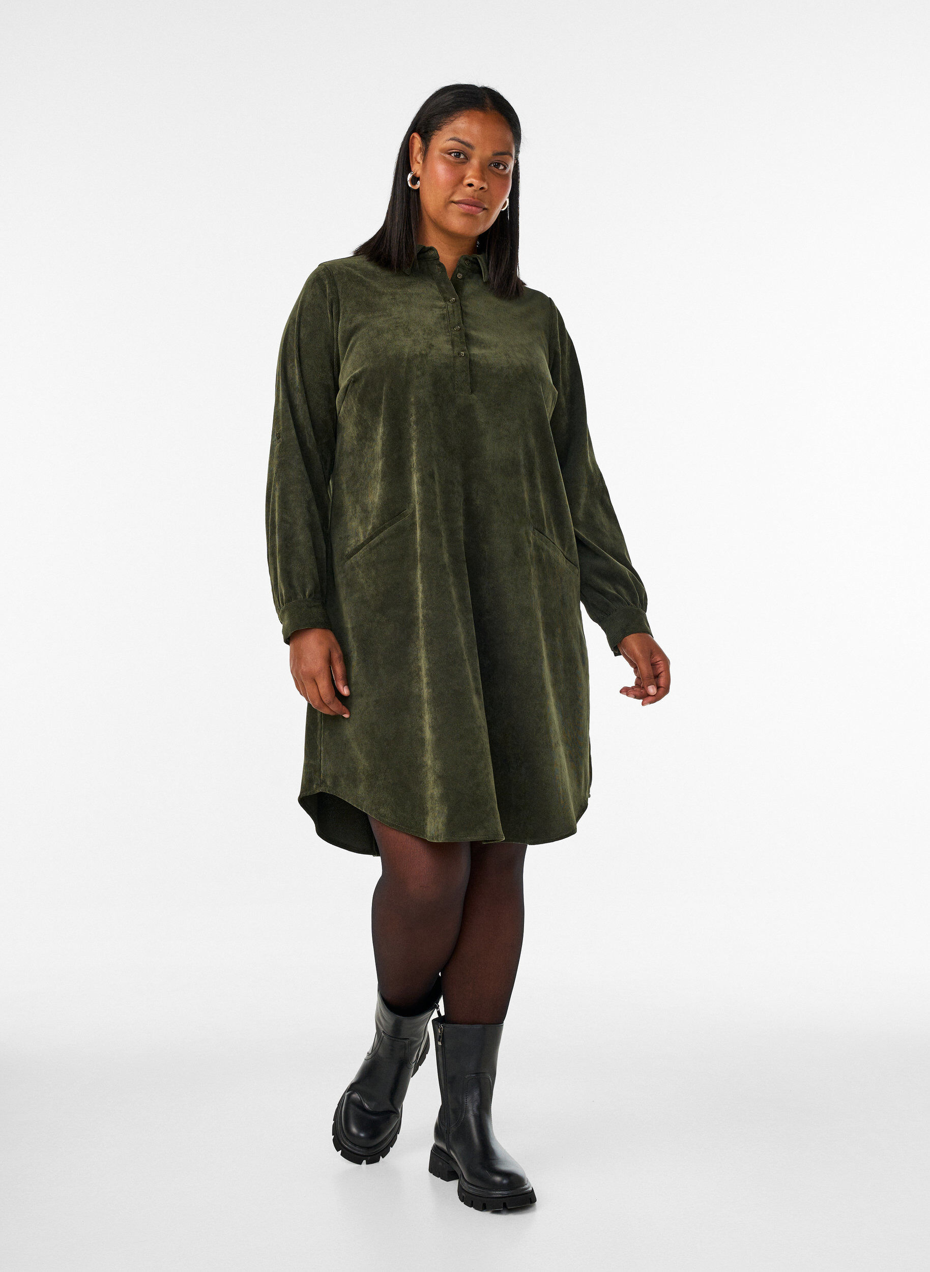 ZizziCorduroy overhemdjurk met kraag en knoopsluiting, Groen, Model image number 1