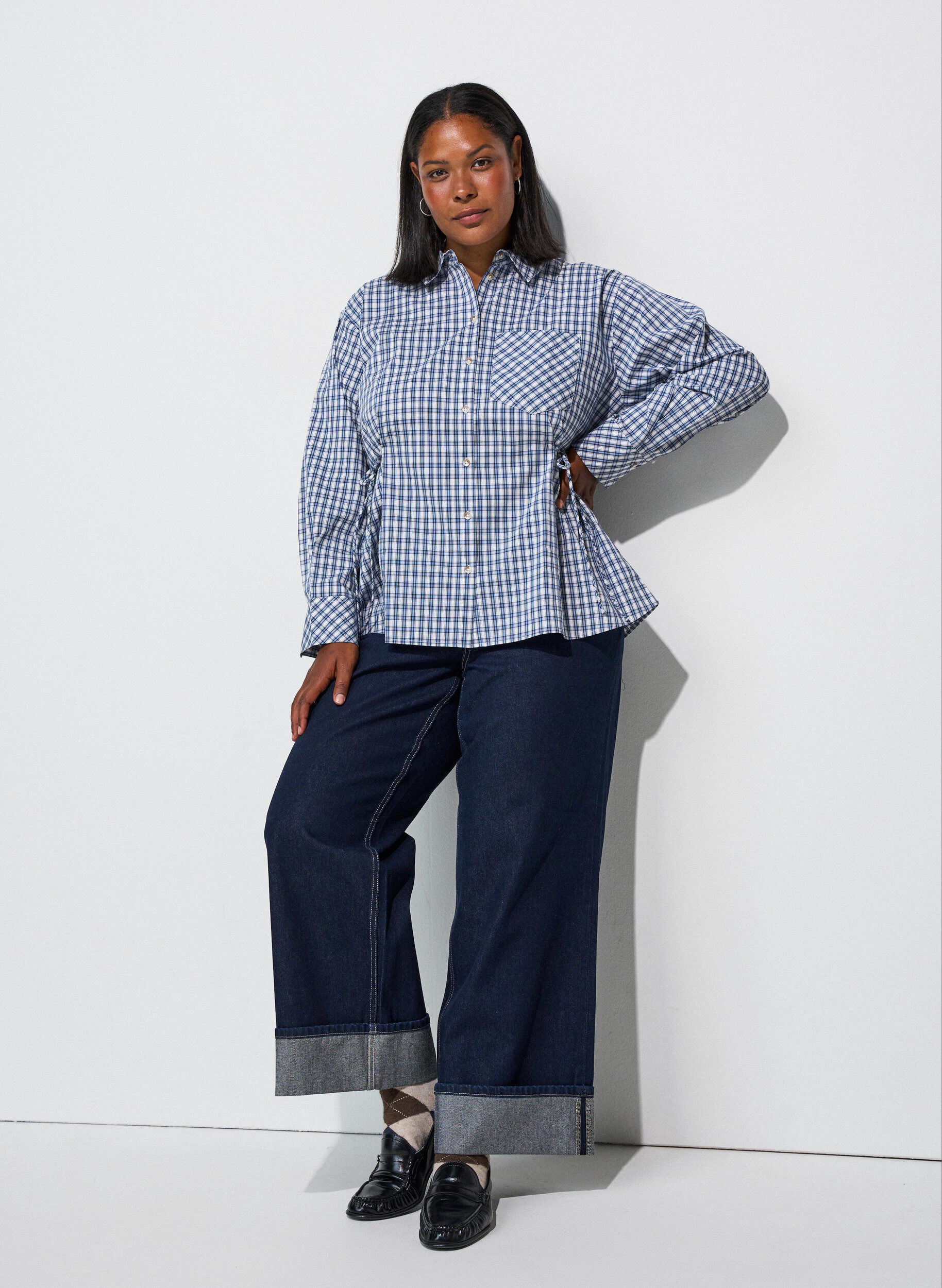 ZizziLosvallend geruit overhemd met strikceintuur, Blauw, Model image number 1