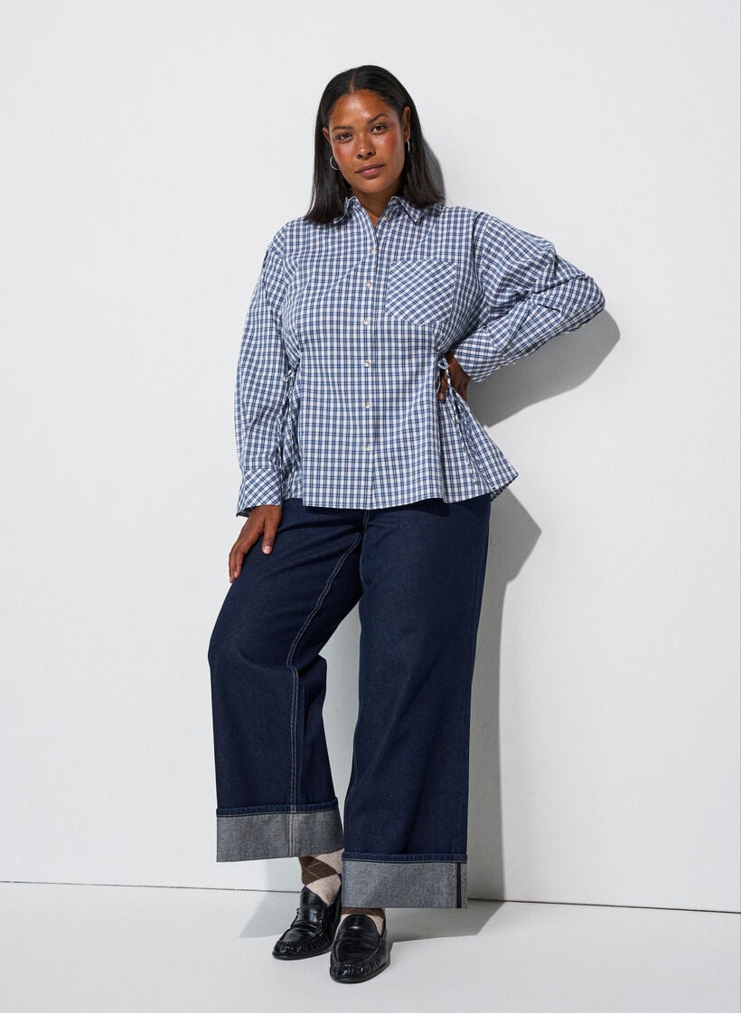 Losvallend geruit overhemd met strikceintuur, Blauw, Model image number 1
