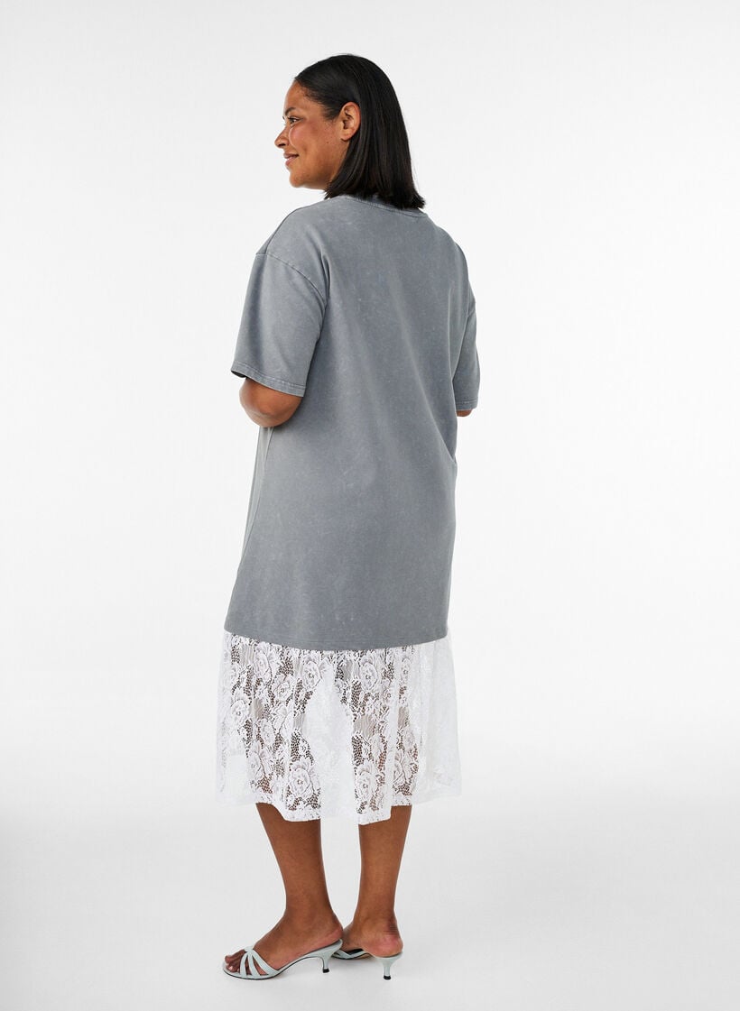 Losse T-shirt jurk met kanten afwerking, Grijs, Model image number 1