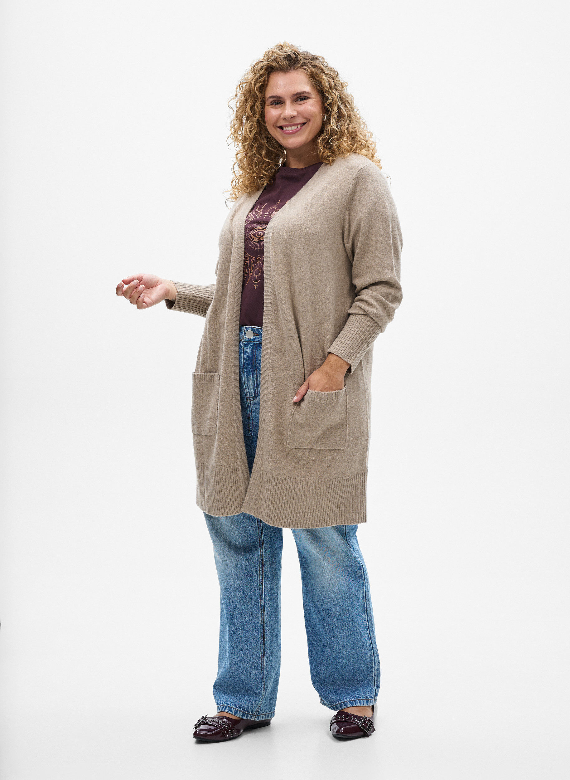 ZizziGeribd gebreid vest met zakken, Beige, Model image number 1