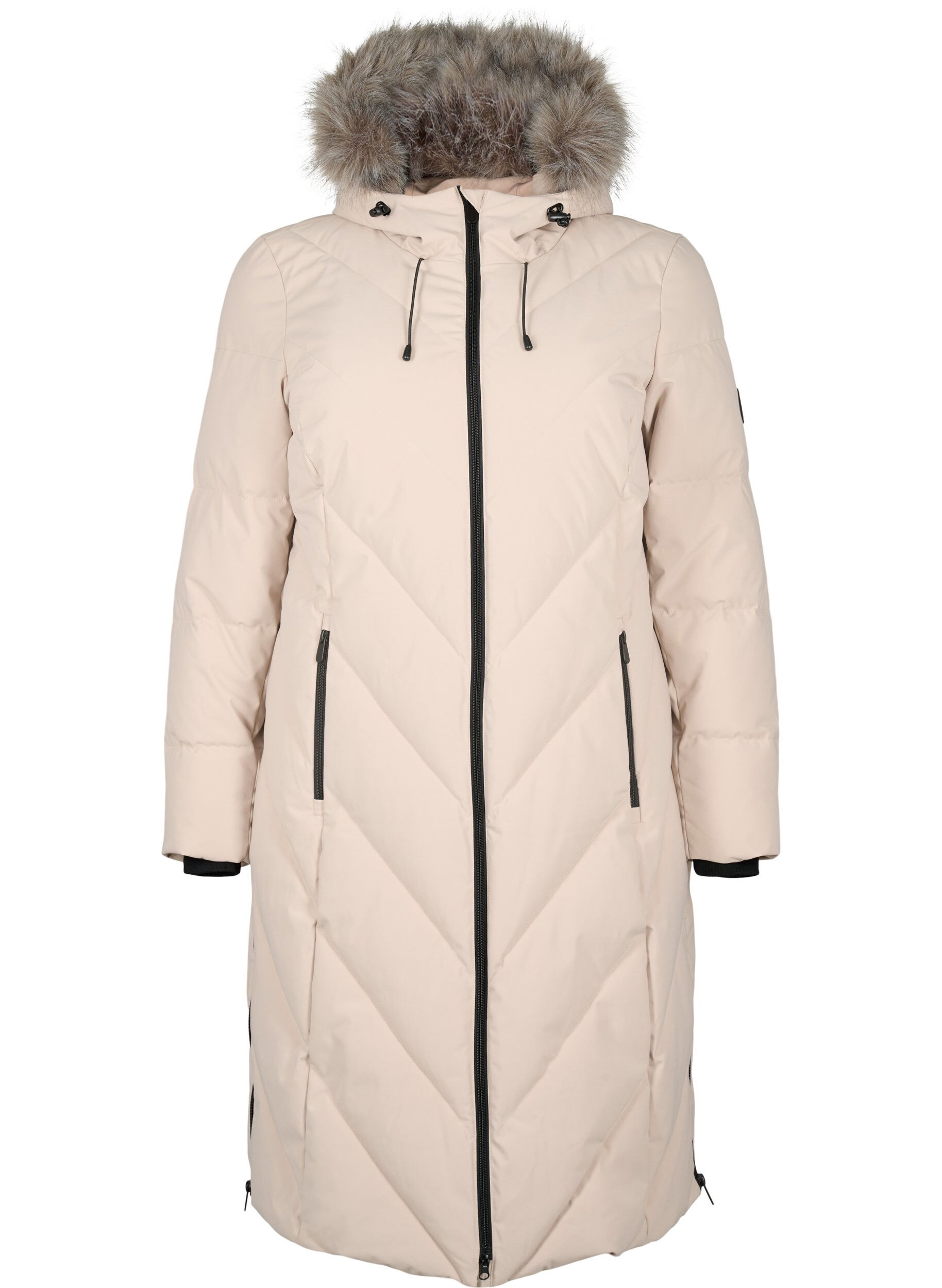 ZizziLange winterjas met haaksluitingen en een nep bontkraag, Beige, Packshot image number 0