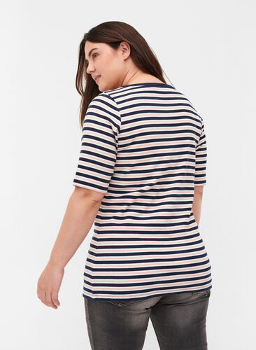 Gestreept geribbeld t-shirt in katoen, Blue Rose Stripe, Model image number 1