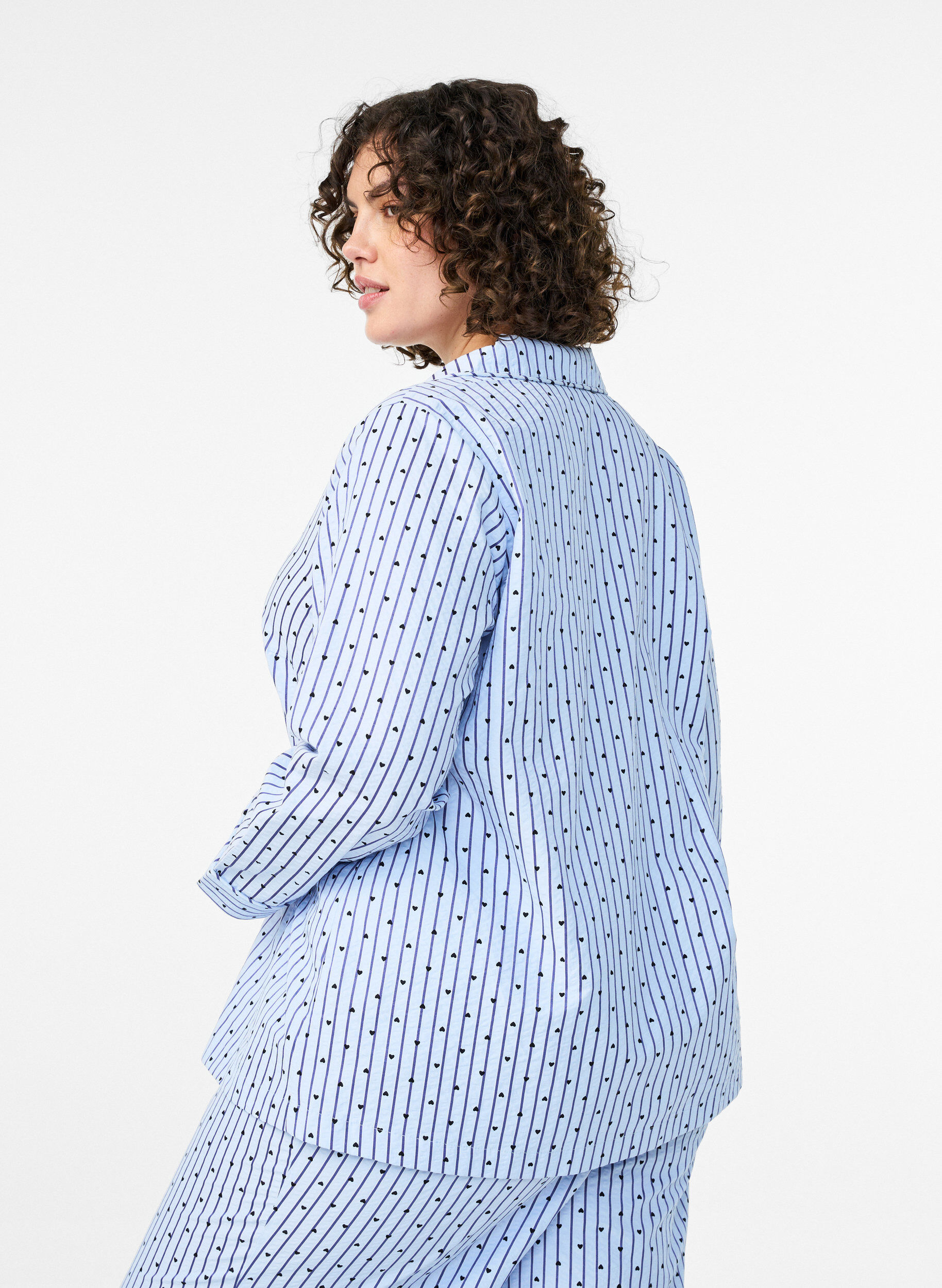 Zizzi Seersucker-pyjamahemd met lange mouwen, Blauw, Model image number 2