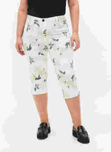 Capri jeans met bloemenprint en hoge taille, White Flower AOP, Model image number 2