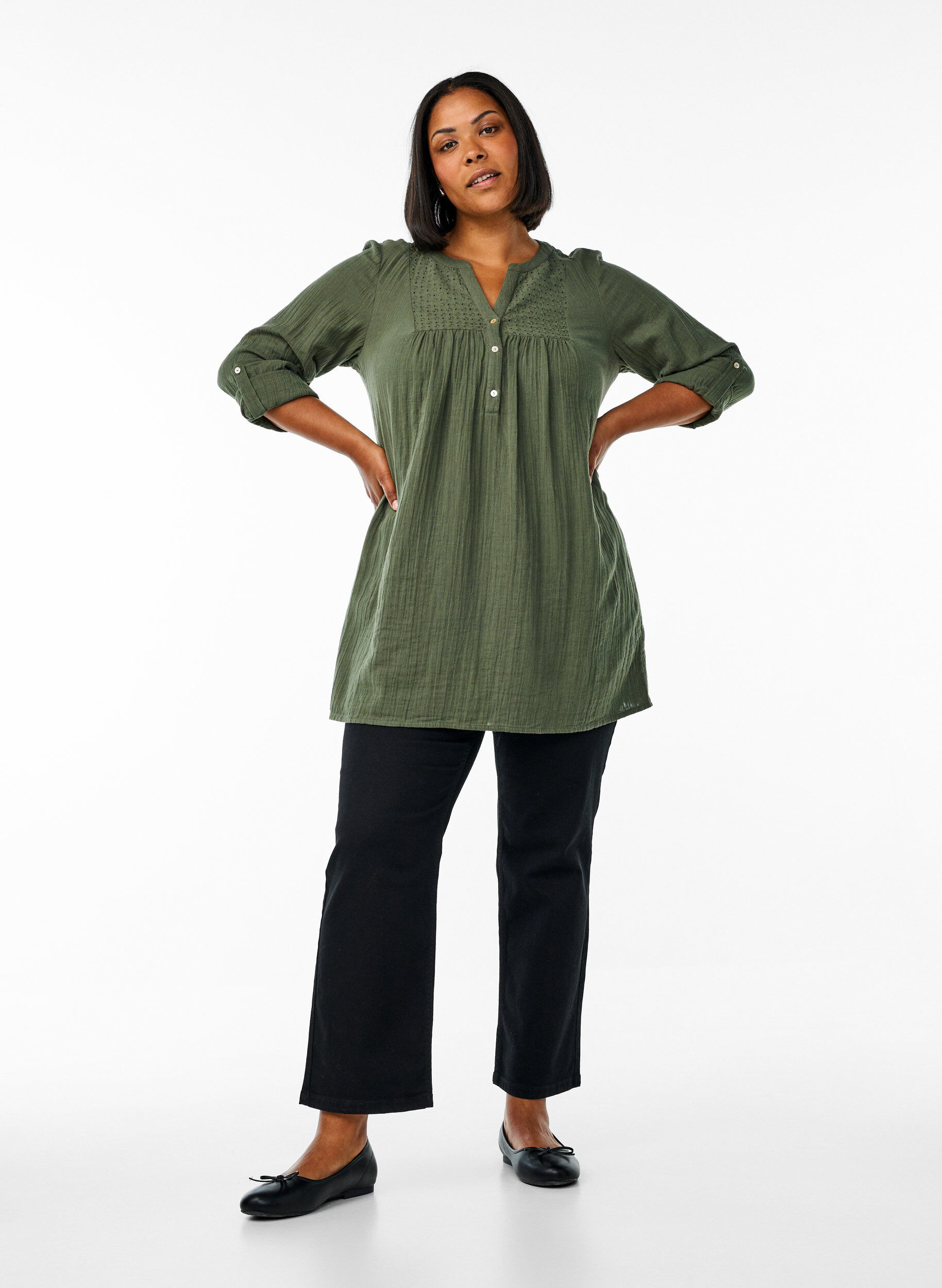 Zizzi Katoenen mousseline tuniek met broderie anglaise, Groen, Model image number 1