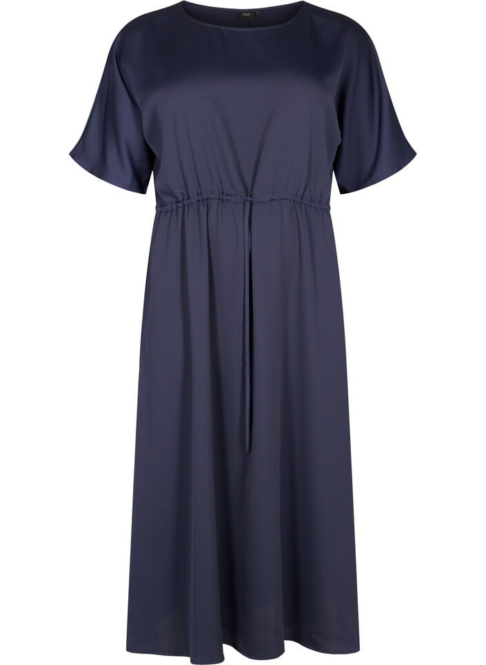 Midi-jurk met korte mouwen en verstelbare taille, Evening Blue, Packshot image number 0