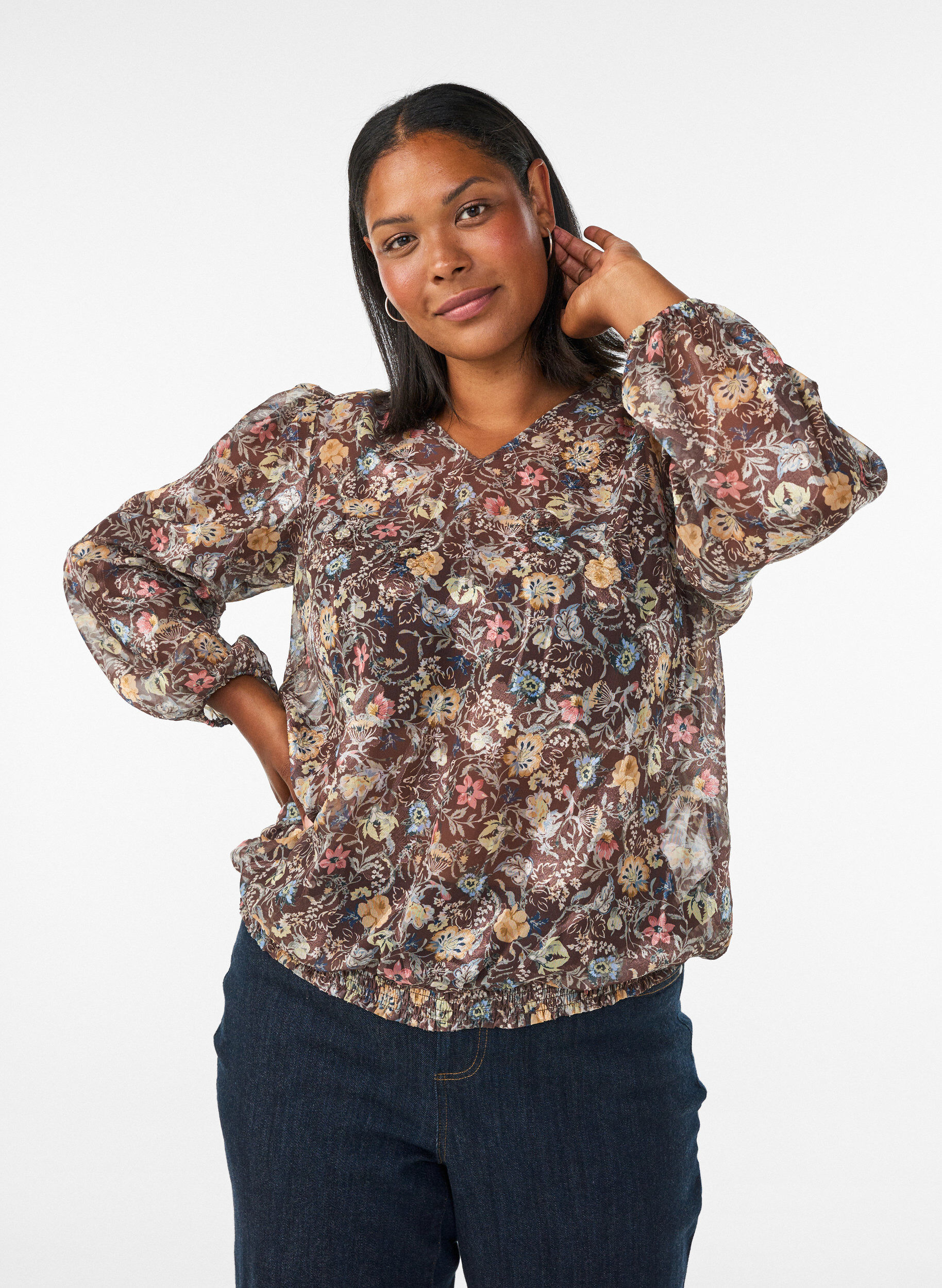 ZizziBlouse met bloemenprint en ballonnenmouwen, Bruin, Model image number 0