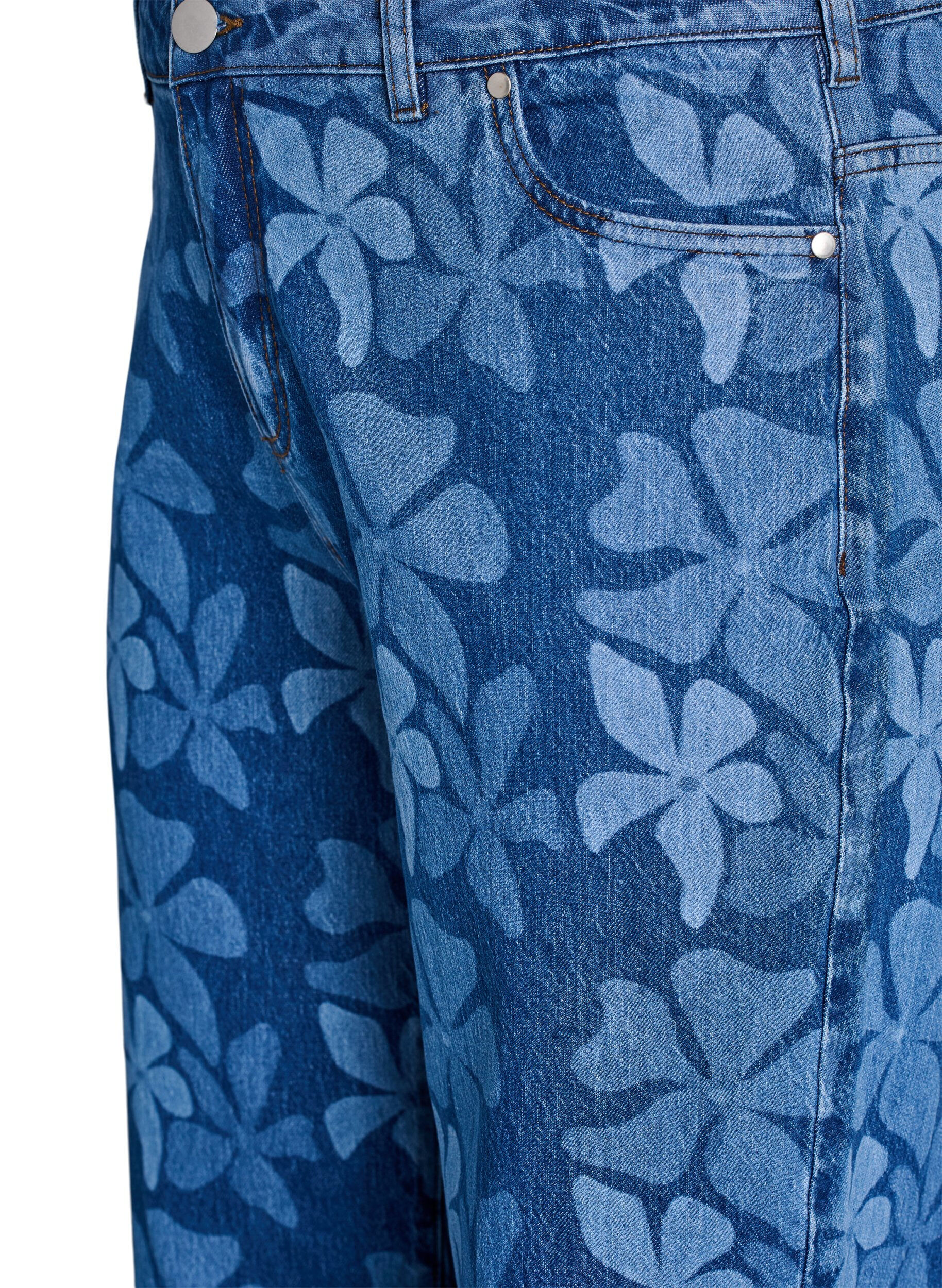 Zizzi Myra jeans in bloemen denim met een Wide fit, Blauw, Packshot image number 2