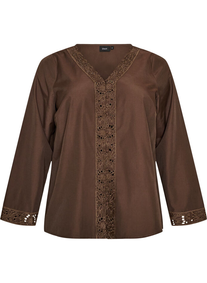 Blouse met broderie anglaise, Bruin, Packshot image number 0
