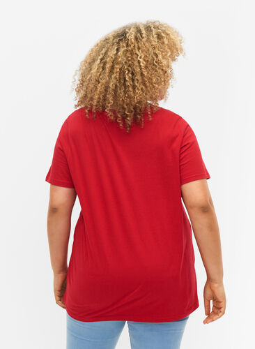 T-shirt in katoen met anglaise borduurwerk, Tango Red, Model image number 0