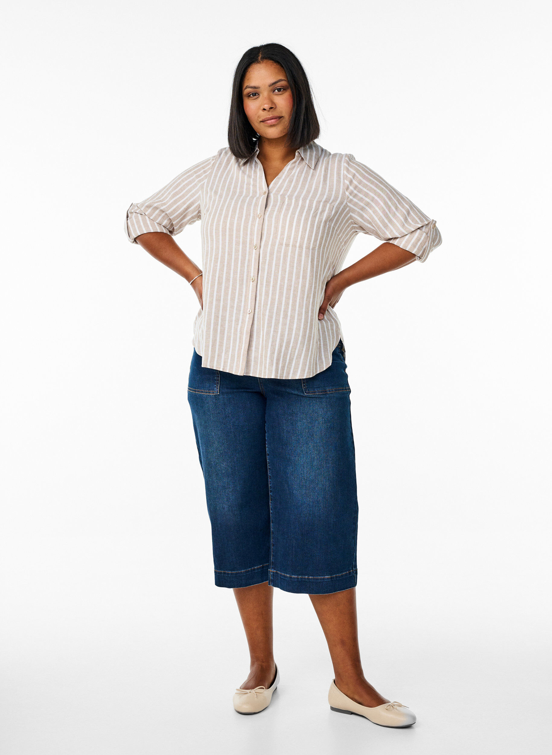 Zizzi Linnen en viscose shirt met 3/4 mouwen, Beige, Model image number 1