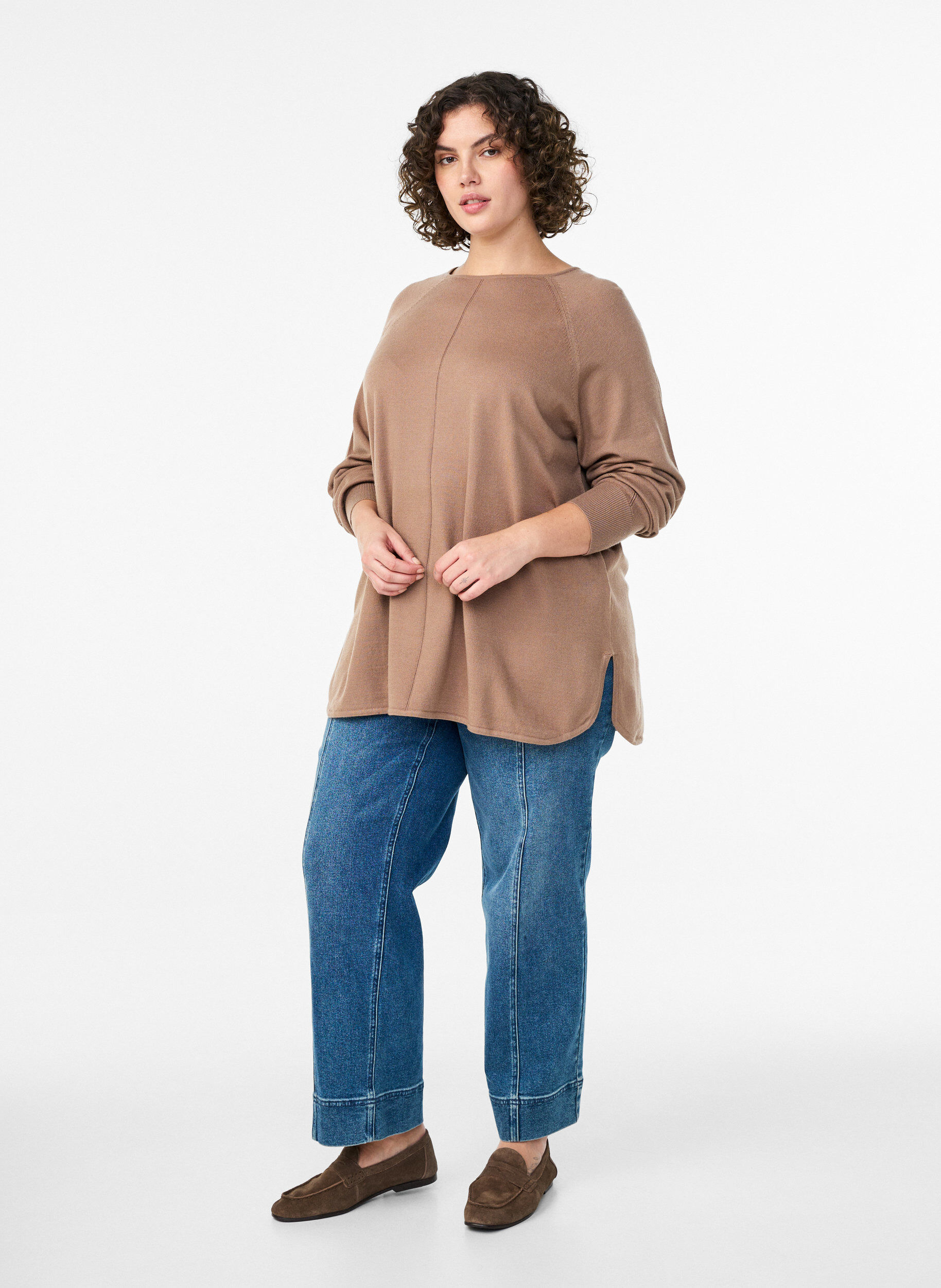 ZizziBreigoed blouse met ronde hals en gebreid patroon, Bruin, Model image number 1