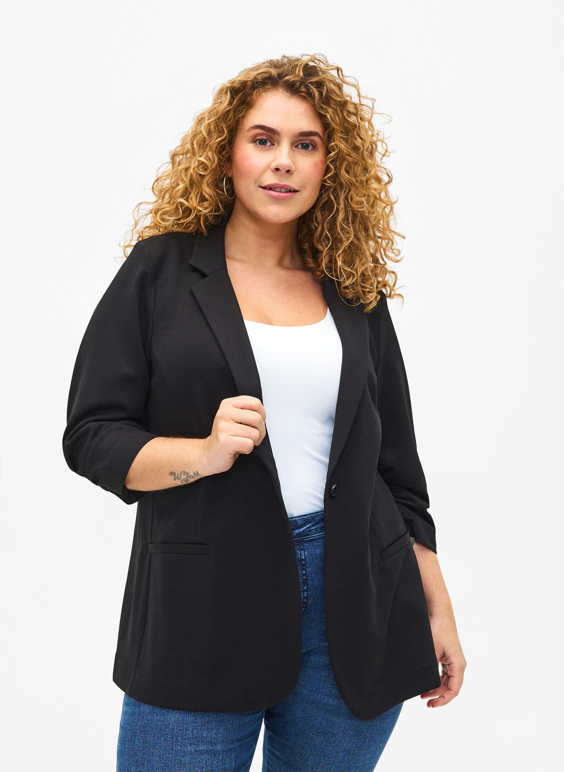 Zizzi Blazer met 3/4 mouwen, Black, Model image number 0