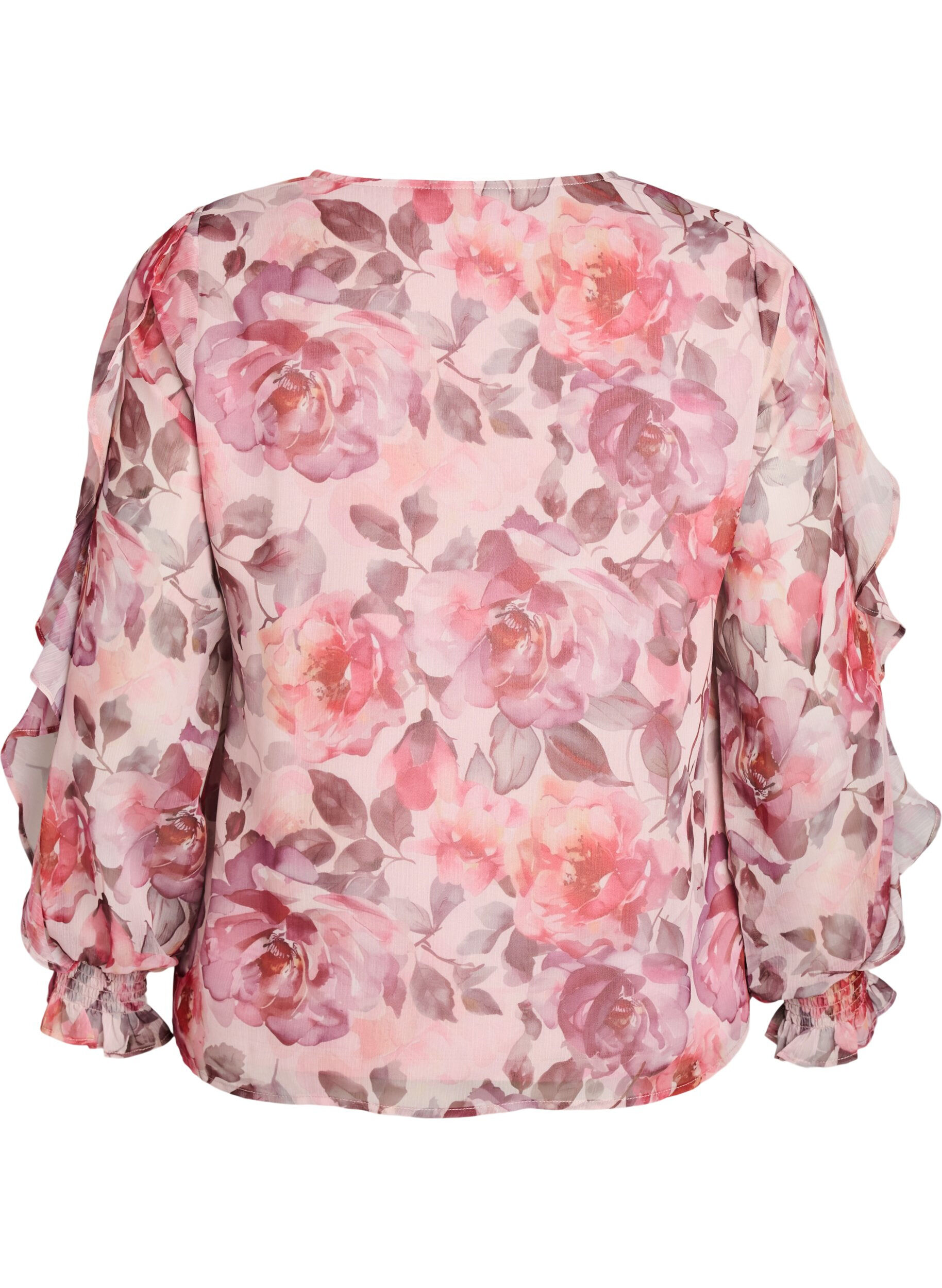 Zizzi Blouse met bloemenprint, V-hals en ruches mouwen, Roze, Packshot image number 1