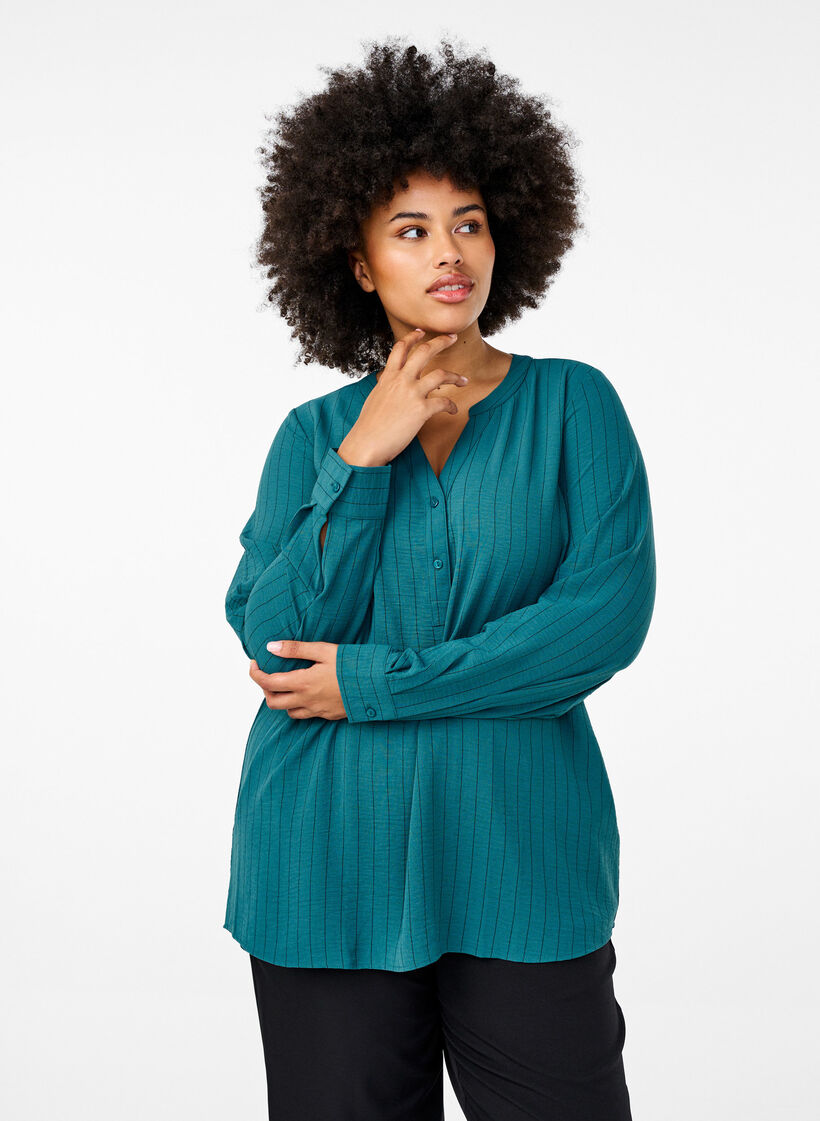 Streepjes overhemdblouse, Groen, Model image number 0