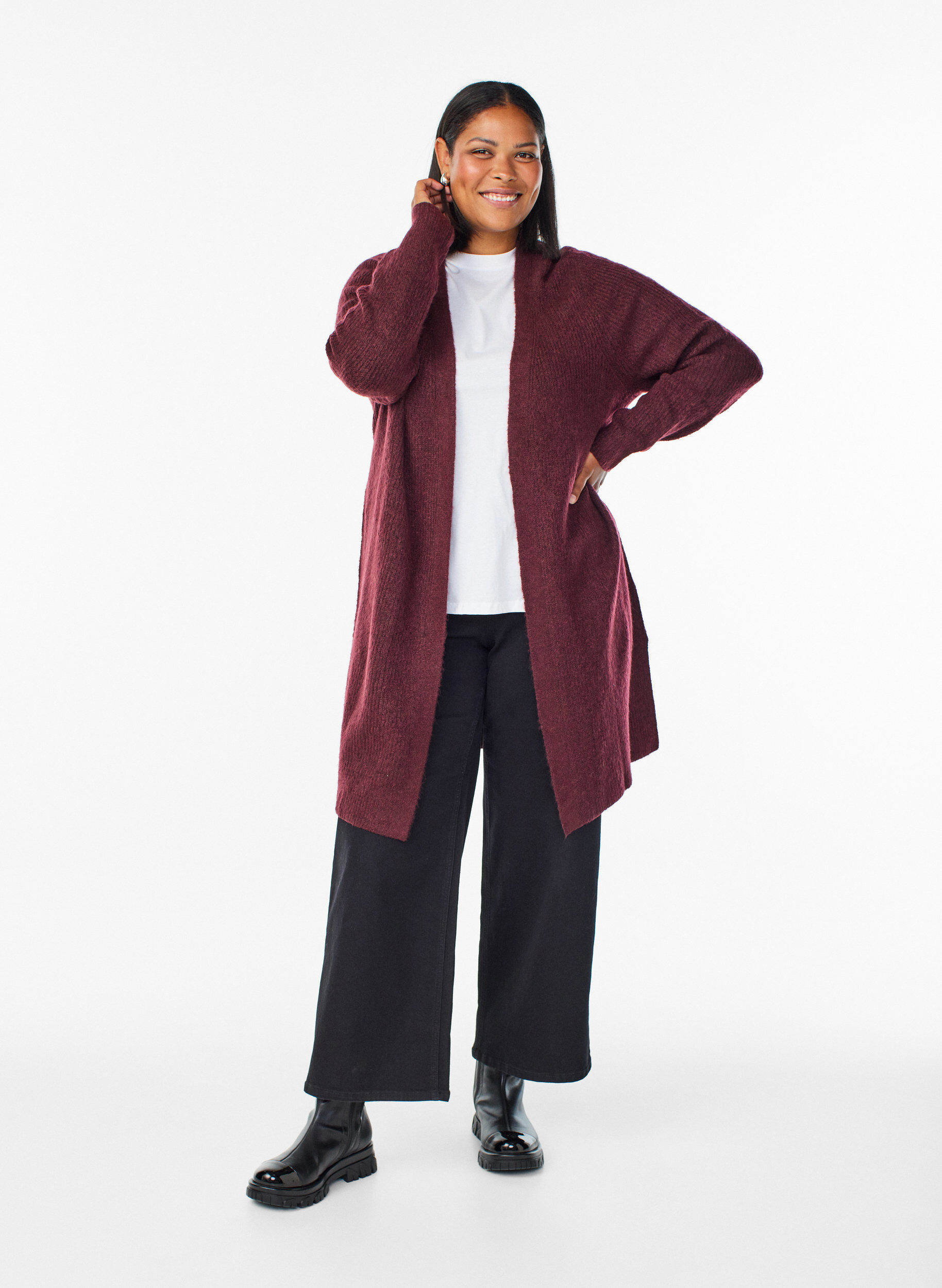 Zizzi FLASH - Lange ribgebreide cardigan met open voorkant, Rood, Model image number 1