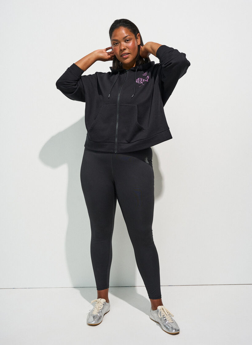 Hoodie met ritssluiting en borstprint, Zwart, Model image number 1