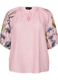 Blouse met bloemenprint mouwen en strikdetail, Roze