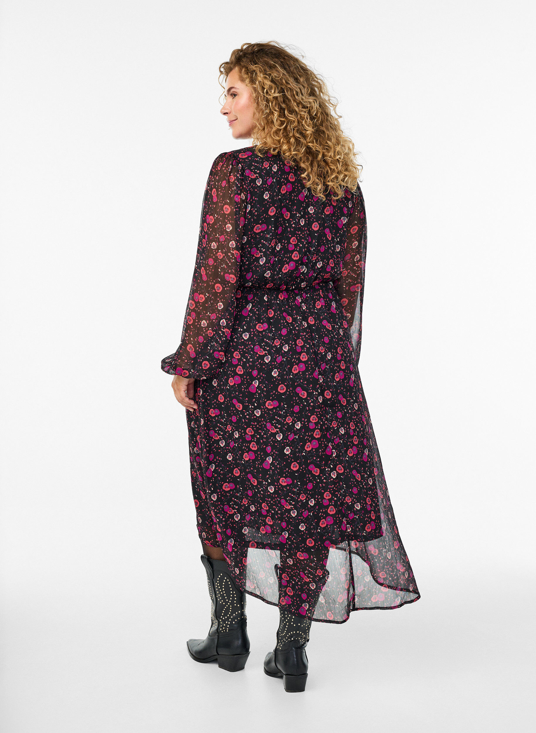ZizziChiffon jurk met bloemenprint en lange mouwen, Zwart, Model image number 1