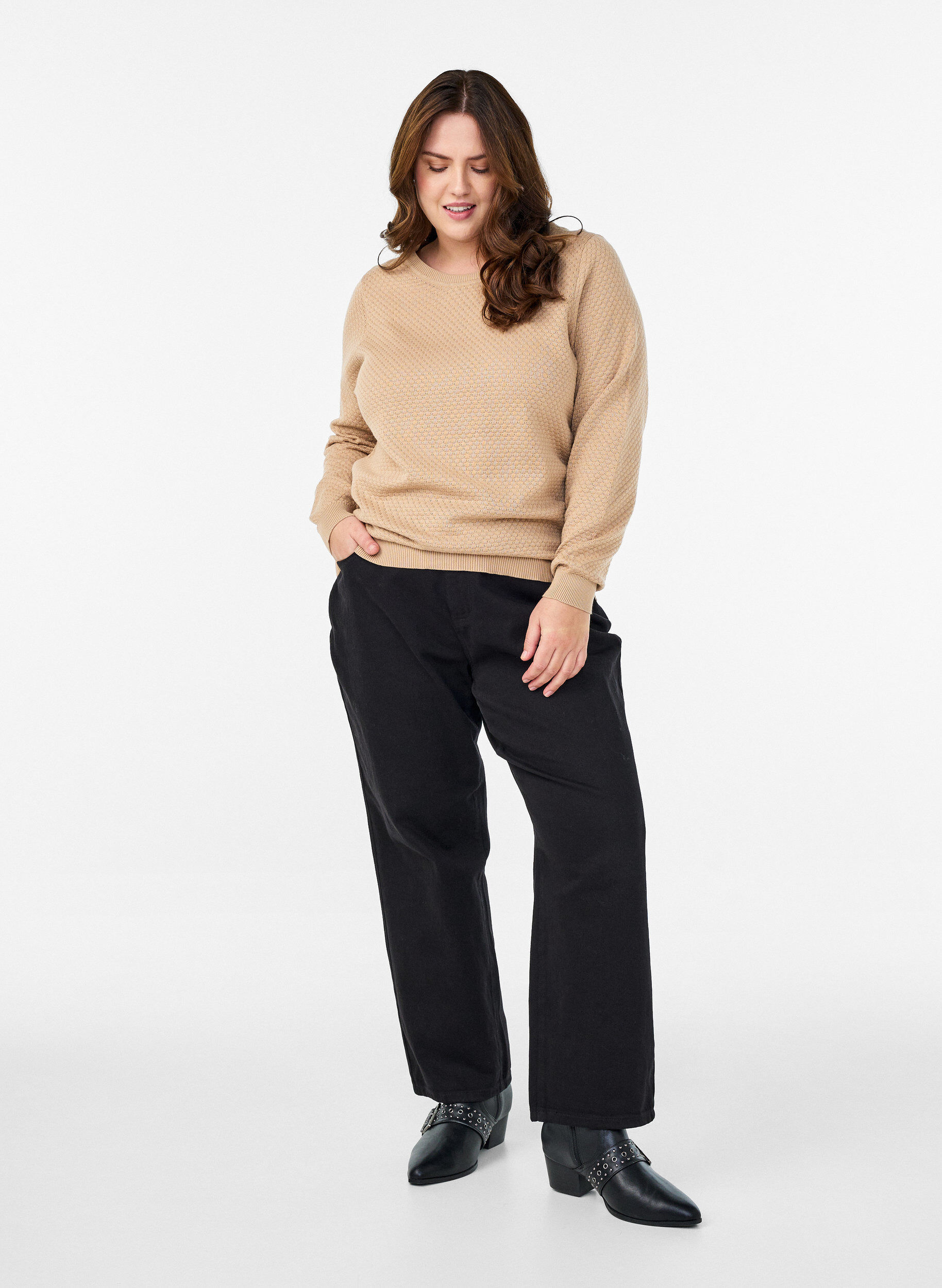 Zizzi Gebreide blouse van katoen met structuurpatroon, Beige, Model image number 1