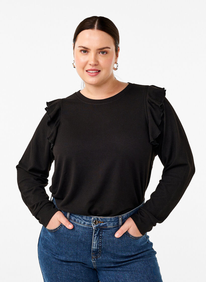  Blouse met lange mouwen en ruches, Black, Model image number 0