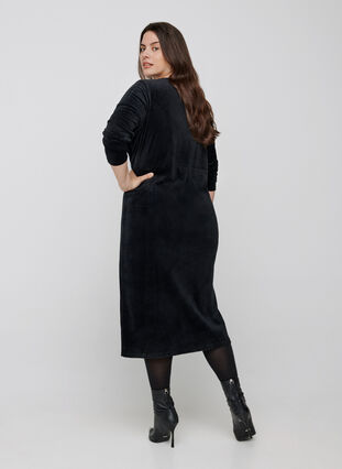 Midi-jurk in velours met lange mouwen, Black, Model image number 0