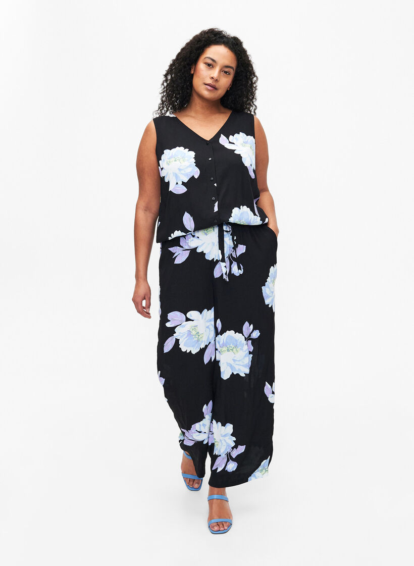 Mouwloze jumpsuit van viscose, Black Big Flower AOP, Model image number 0