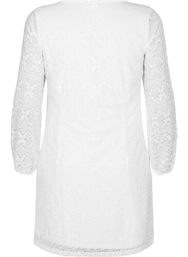 Kanten jurk met v-snit en lange mouwen, Bright White, Packshot image number 1