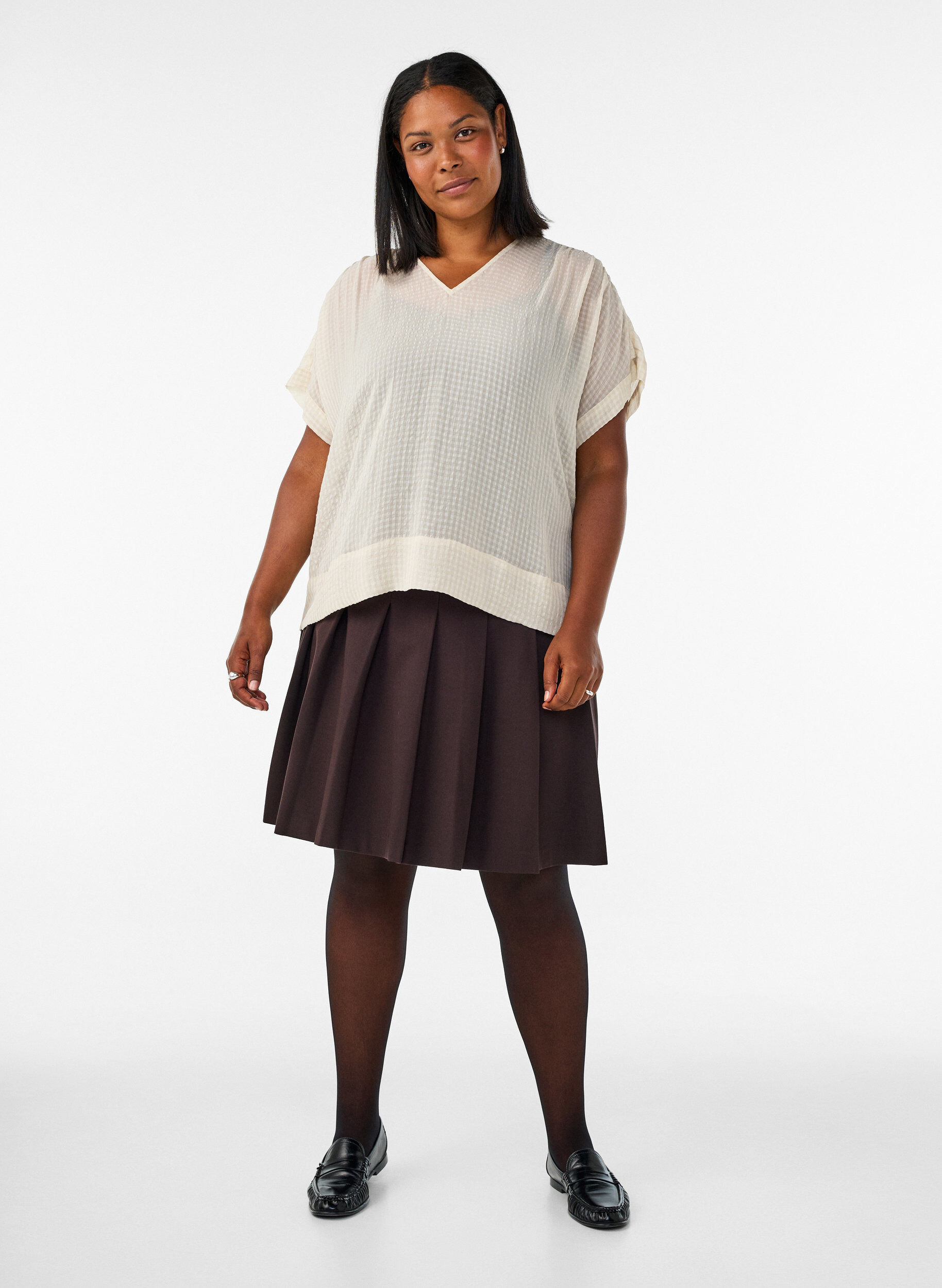 ZizziSeersucker blouse met V-hals, Beige, Model image number 1