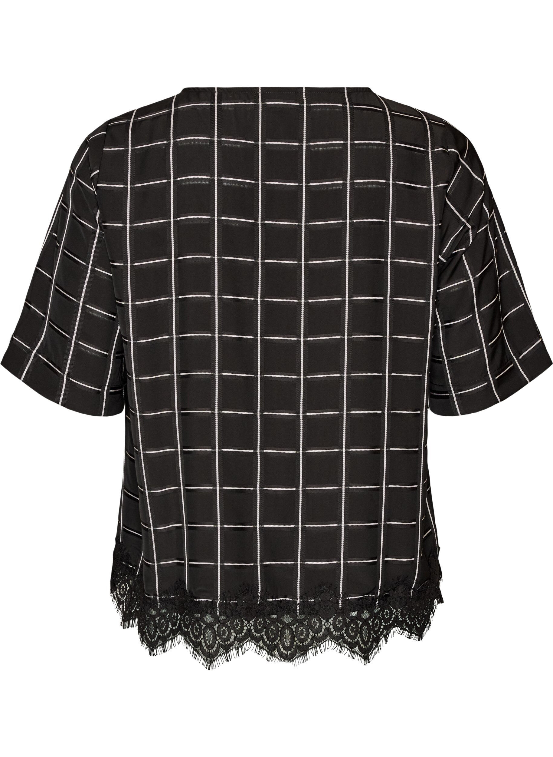 ZizziBlouse met ruitjes, kanten afwerking en ellebooglange mouwen, Zwart, Packshot image number 1