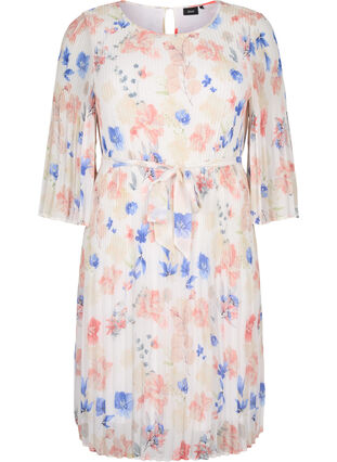 Bedrukte geplooide jurk met bindband, White/Blue Floral, Packshot image number 0