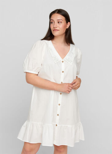 Katoenen blouse jurk met ballonmouwen, Bright White, Model image number 0