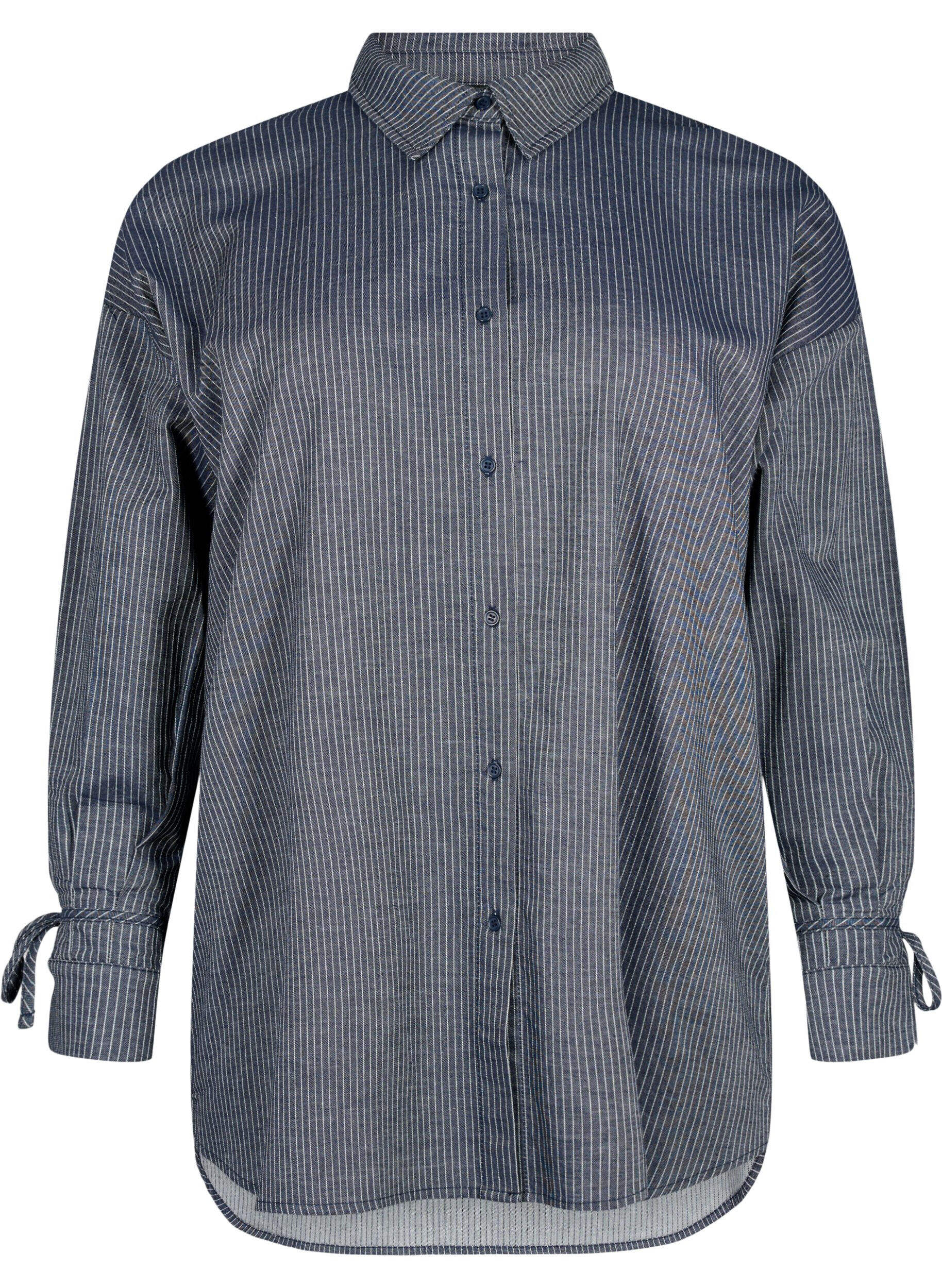 Zizzi Shirt met strikdetail op de mouw, Navy Stripe, Packshot image number 0
