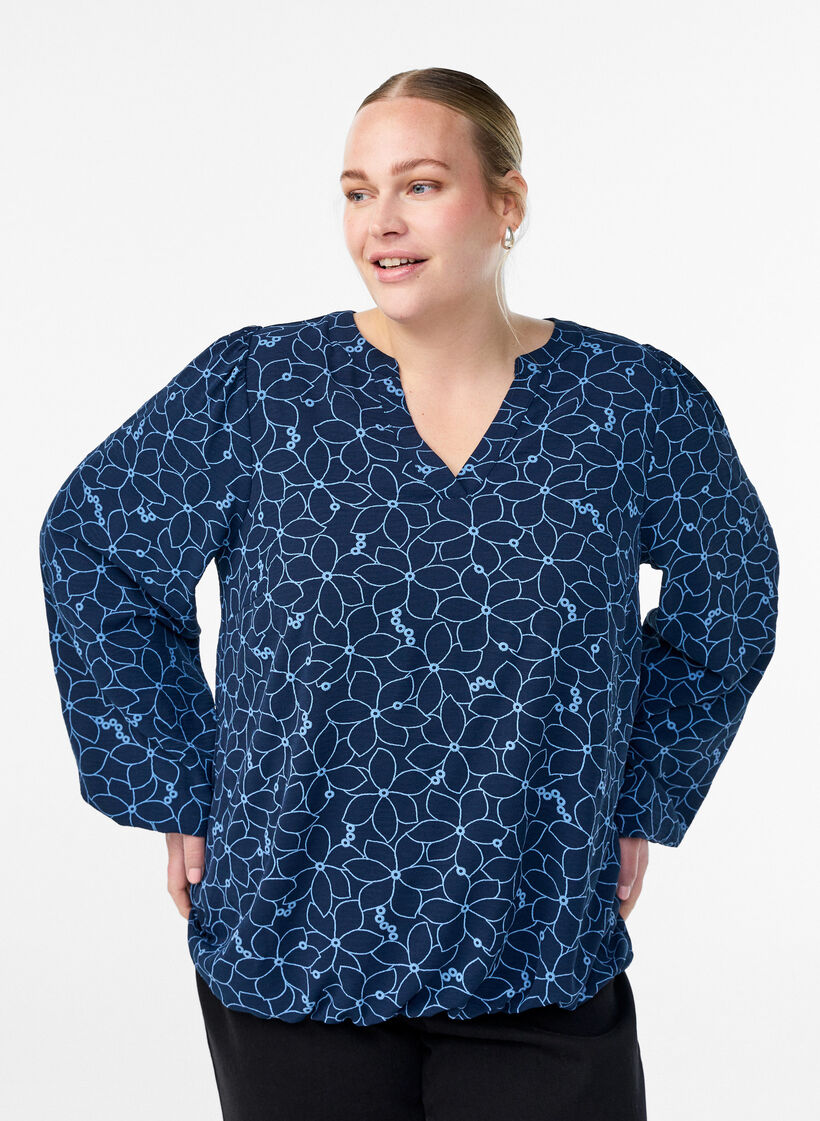 Blouse met lange mouwen met bloemenborduursel, Blauw, Model image number 0