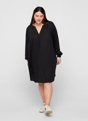 Viscose jurk met lange mouwen, Black, Model image number 2
